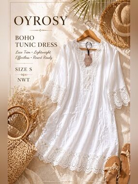 Oyrosy White Lace Trim Boho Tunic Dress NWT Size Small